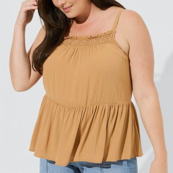 NEW NWT TORRID 2 Plus Size Crinkle Gauze Sleeveless Crochet Tank Tan Brown ish - Picture 1 of 13